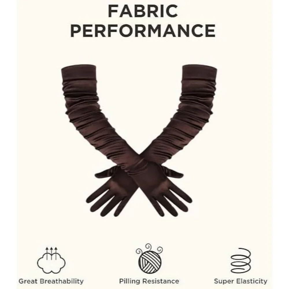 Women's Long Satin Gloves Dark Brown Stretchy Upper Arm Length Costume Design